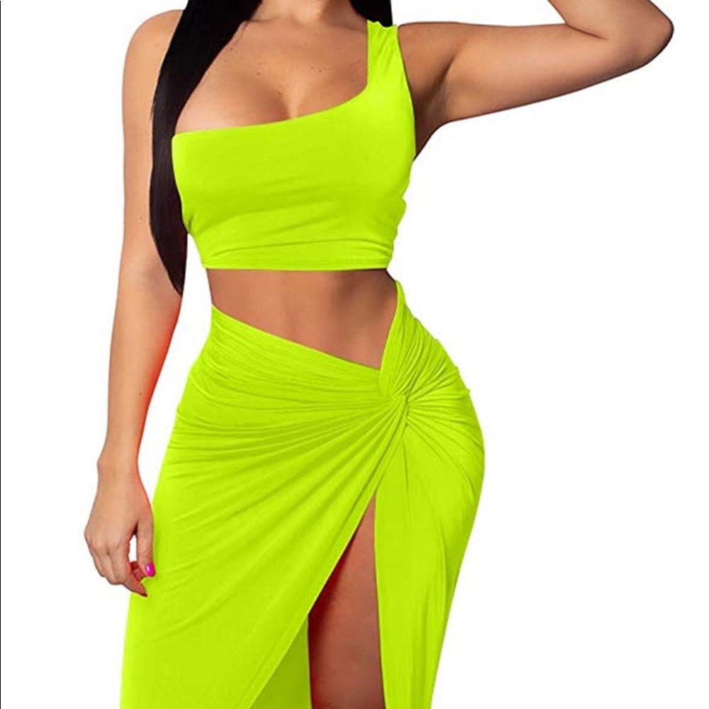 NWOT Women's Sexy One Shoulder Long Bodycon Slit Skirt 2 Pieces Dress